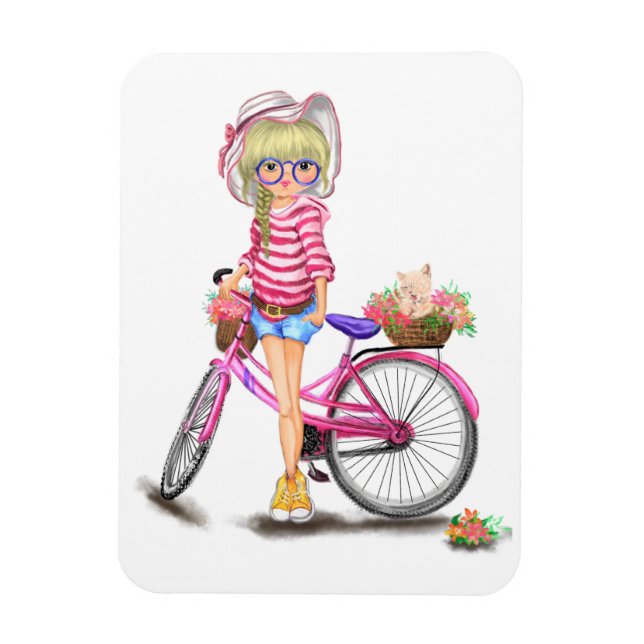 Magnet Flexible Cute Blonde Girl with Pink Bike and Cat à Flowers (Vertical)
