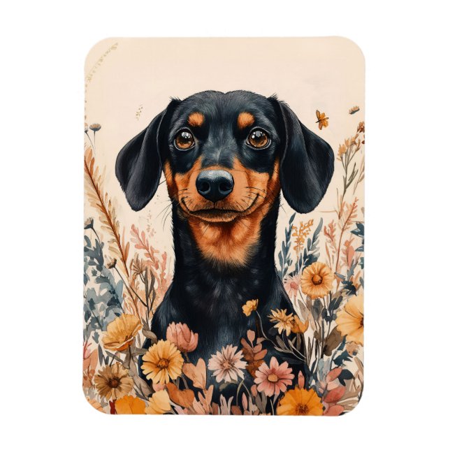Magnet Flexible Cute Dachshund avec Fleur sauvage flexible (Vertical)