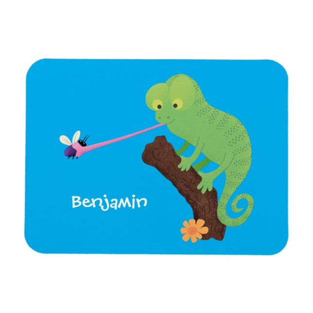 Magnet Flexible Cute funny green happy chameleon lizard cartoon (Horizontal)