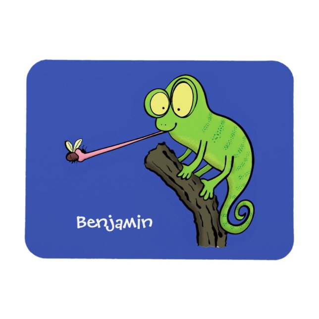 Magnet Flexible Cute funny green happy chameleon lizard cartoon (Horizontal)