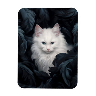 Magnet Flexible Cute Furry Chat Blanc Assis Parmi Les Feuille