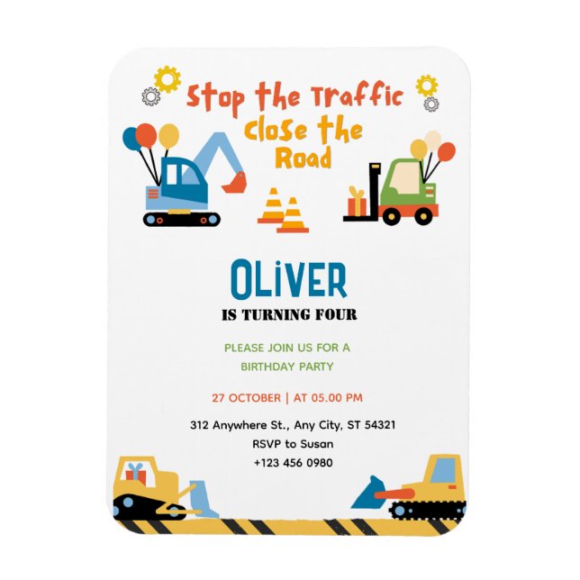 Magnet Flexible Cute Truck Construction Anniversaire Fête Invitati (Vertical)