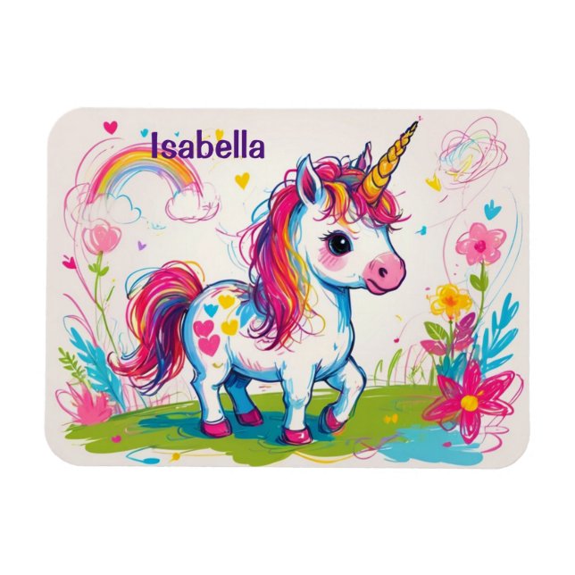 Magnet Flexible Cute Unicorn Scribbles Avec Nom Enfants (Horizontal)