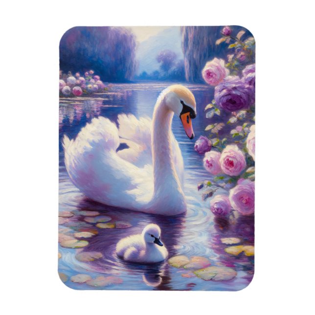 Magnet Flexible Cygnet blanc avec Roses violets (Vertical)