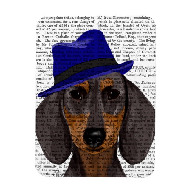 Magnet Flexible Dachshund Avec Trilby Bleu (Vertical)