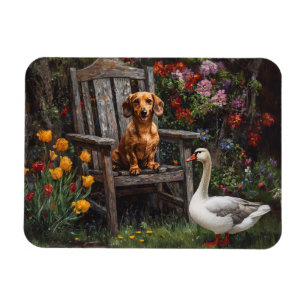 Magnet Flexible Dachshund avec une oie dans un jardin