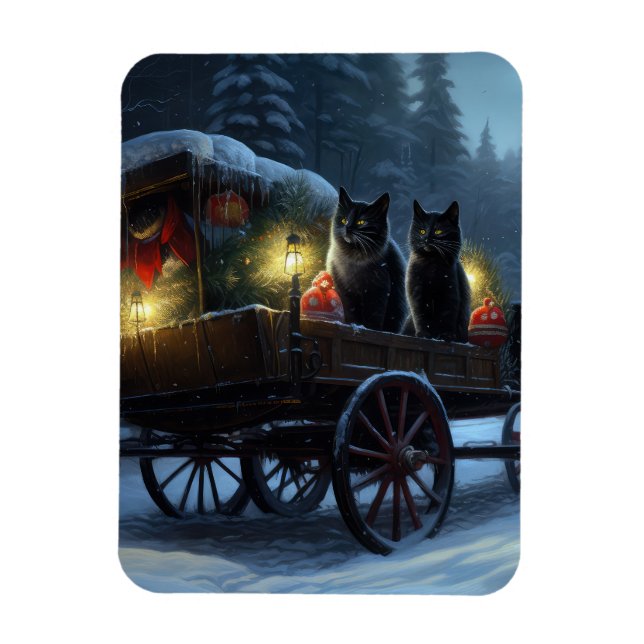 Magnet Flexible Décor de Noël Traîneau enneigé Chat Noir   (Vertical)
