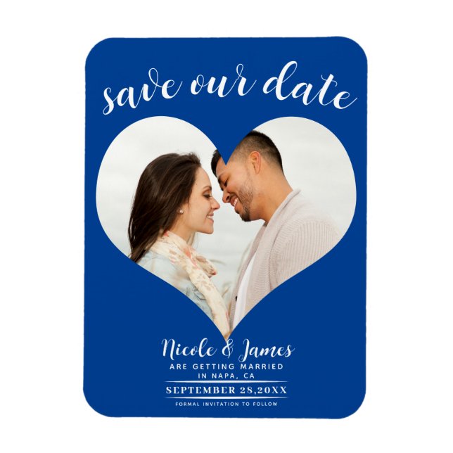 Magnet Flexible Deep Blue Heart Photo Wedding Enregistrer la date (Vertical)