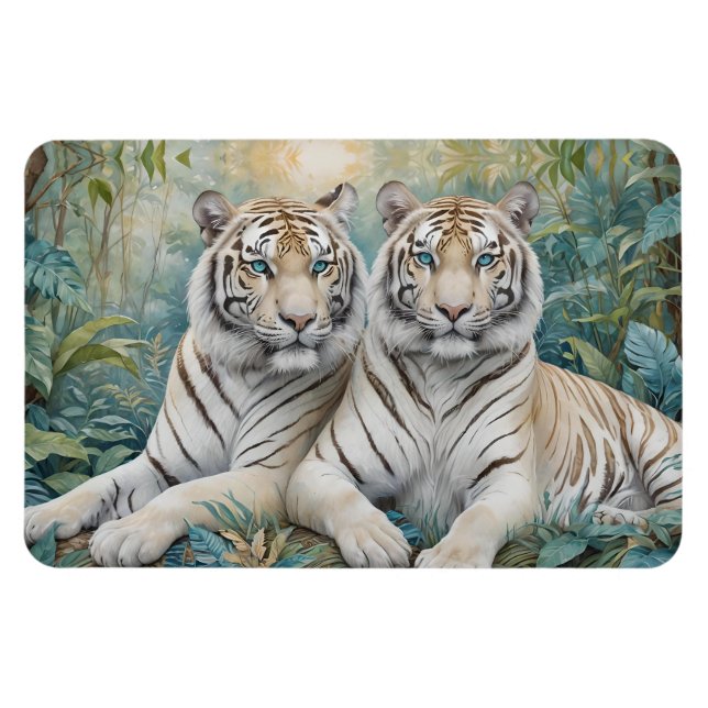 Magnet Flexible Des tigres d'or pâles dans une jungle bleue verte (Horizontal)