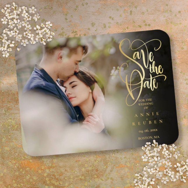 Magnet Flexible Design Elegant Gold Script Photo Enregistrer la da (Modern Elegant Gold Script Photo Save the Date Magnet)