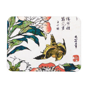 Magnet Flexible Dessin japonais vintage, Peonies et Bruant