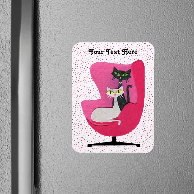 Magnet Flexible Deux Chats Du Milieu Du Siècle Chaise Collants Dia (PRetty mid century cats diamond collars in pink chair on pink dotted white flexible magnet.)