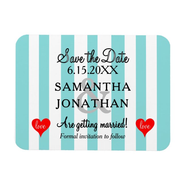 Magnet Flexible Deux cœurs mariage rayures bleu mousse blanche (Horizontal)