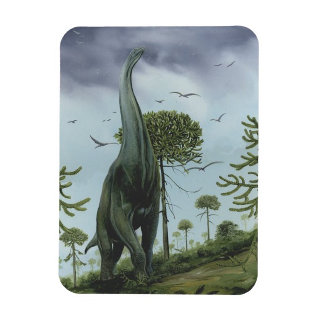 Magnet Flexible Dinosaures Vintage, Sauroposeidon avec oiseaux vol (Vertical)