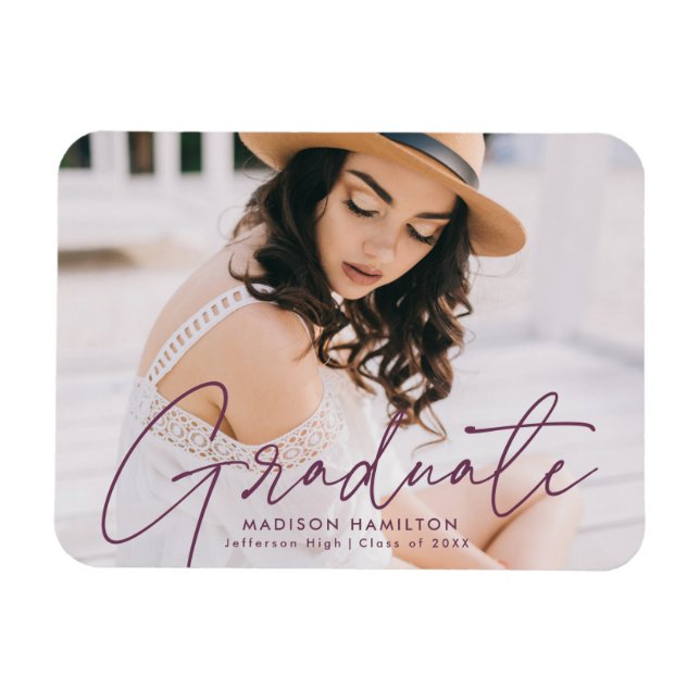 Magnet Flexible Diplômé Moderne Purple Script Photo Graduation (Horizontal)
