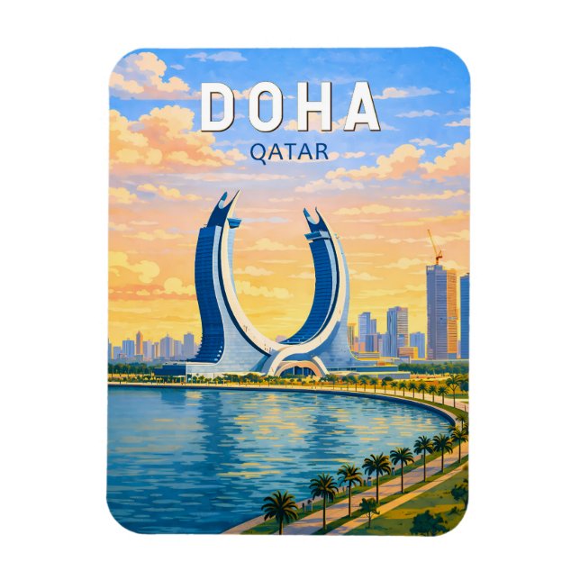 Magnet Flexible Doha Qatar Illustration Voyage Art Rétro (Vertical)