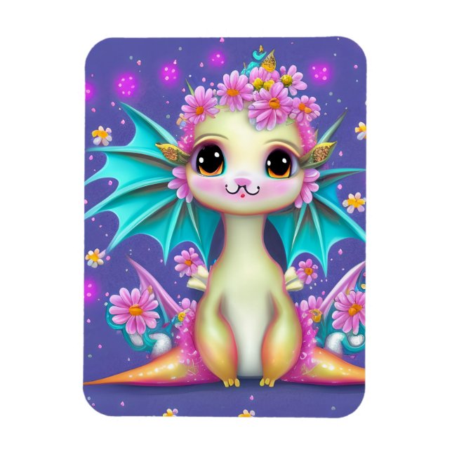 Magnet Flexible Dragon Bébé mignon aux fleurs roses (Vertical)
