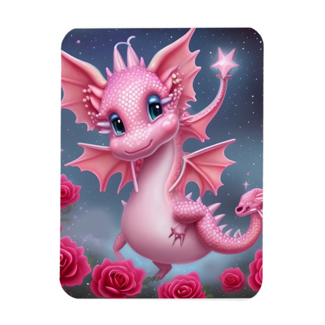 Magnet Flexible Dragon rose mignon aux fleurs roses (Vertical)