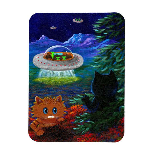 Magnet Flexible Drôle Chat noir UFO Tabby Chat Soucoupe volante (Vertical)