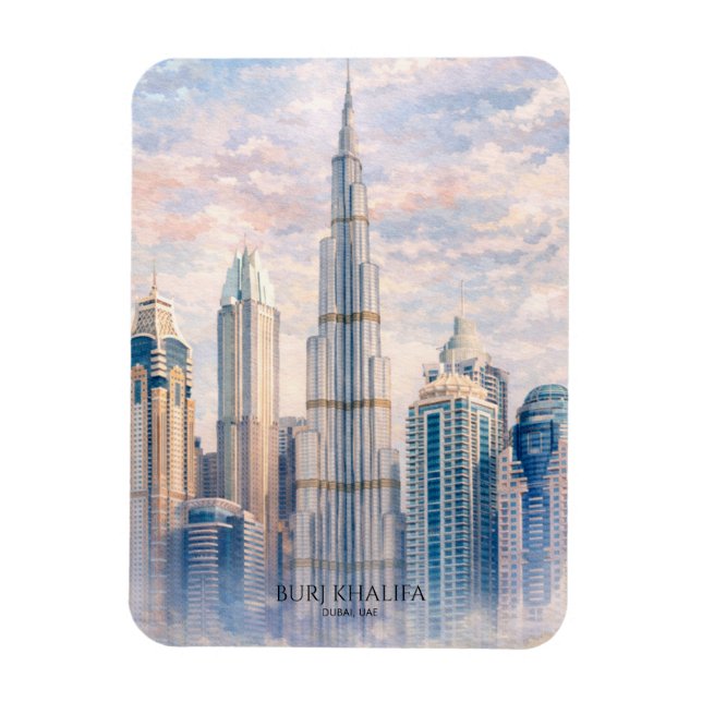 Magnet Flexible Dubai Burj Khalifa Luxury City Skyline Watercolor  (Vertical)
