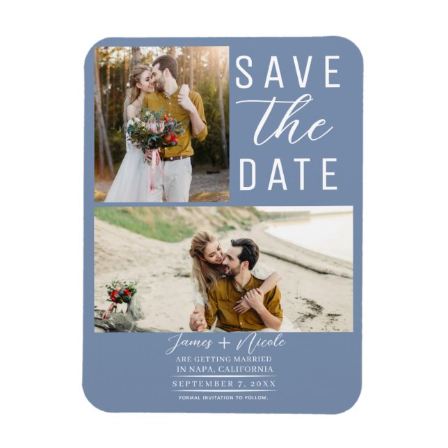 Magnet Flexible Dusty Blue 2 Photos Enregistrer la date Mariage (Vertical)