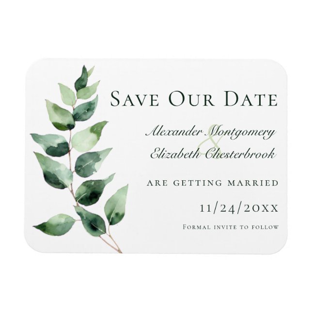 Magnet Flexible Eau-forte Eucalyptus Mariage Save the Date Blanc (Horizontal)