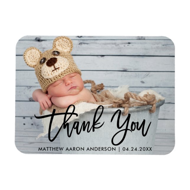 Magnet Flexible Écriture moderne au pinceau Nouveau bébé Merci Blk (Horizontal)