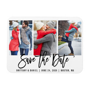 Magnet Flexible Écriture moderne pinceau 3 Photo Save The Date Wht