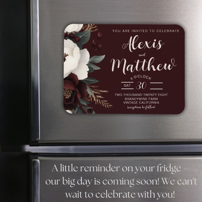 Magnet Flexible Elégance Rustique Bourgogne Floral Mariage (Rustic Burgundy Floral Wedding Magnet Invitation, Boho Chic, Elegant Winter Design)