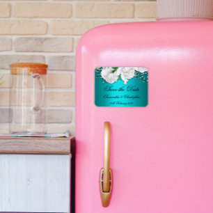 Magnet Flexible Elégant Aqua et Roses Blanches Mariage Enregistrer