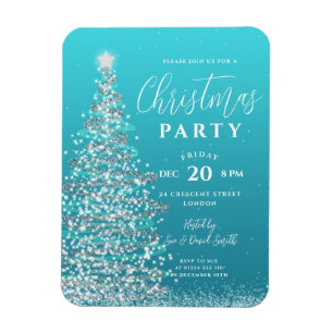 Magnet Flexible Élégant Arbre de Noël Argent Turquoise Invitation