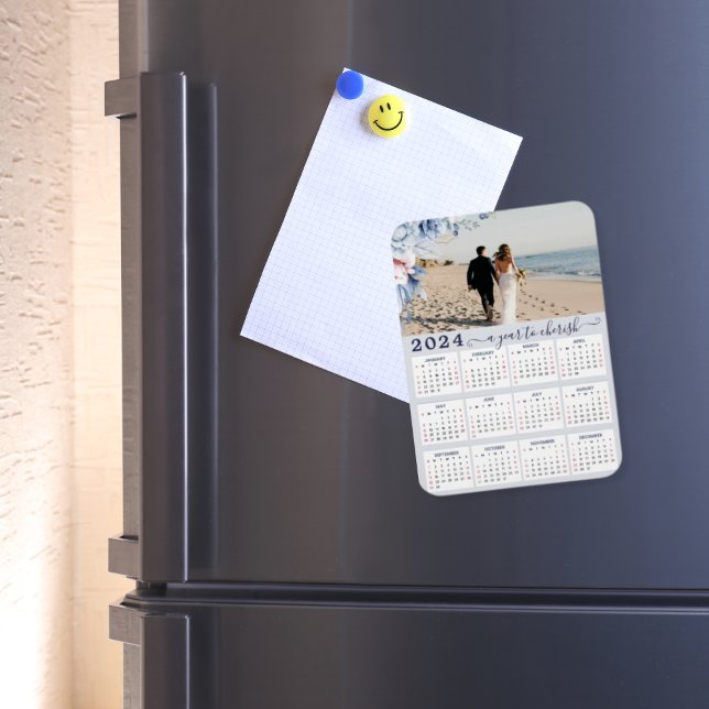 Magnet Flexible Elégant bleu Dusty Floral Photo 2024 Année Calendr (Créateur téléchargé)