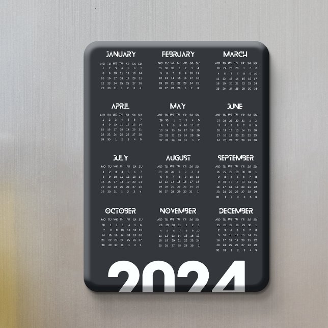 Magnet Flexible Élégant Calendrier 2024 Moderne noir et blanc (Modern Elegant 2024 Calendar Black And White Magnet)