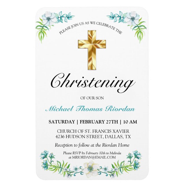 Magnet Flexible Elégant Croix d'or du Bleu Christening garçon (Vertical)