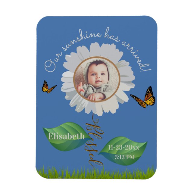Magnet Flexible Elégant Daisy Blue Floral Cute Baby Photo & Nom (Vertical)