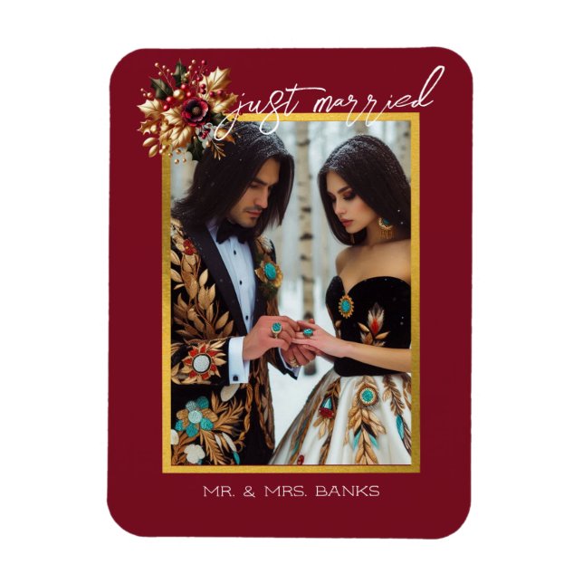 Magnet Flexible Elégant Feuille d'or Mariage Photo Juste Marié (Vertical)