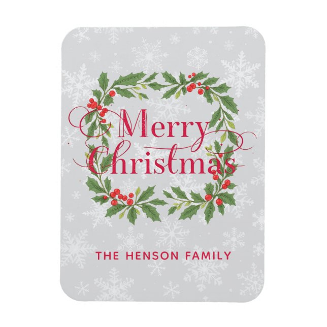 Magnet Flexible Elegant Holly Wreath Merry Christmas  (Vertical)