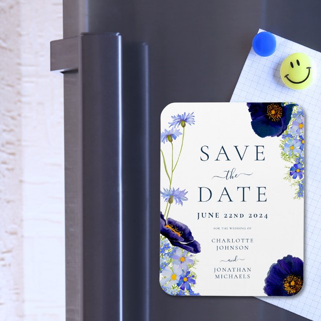 Magnet Flexible Élégant Mariage Floral d'été (Elegant wildflower watercolor blue summer floral wedding save the date invitation fridge magnet)