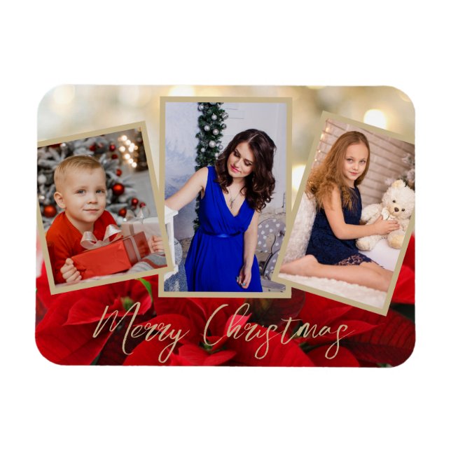 Magnet Flexible Elégant or Poinsettia Joyeux Noël 3 Photos (Horizontal)