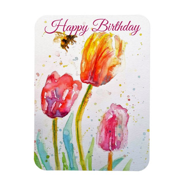 Magnet Flexible Elegant Tulip and Bee Watercolour Birthday Card (Vertical)
