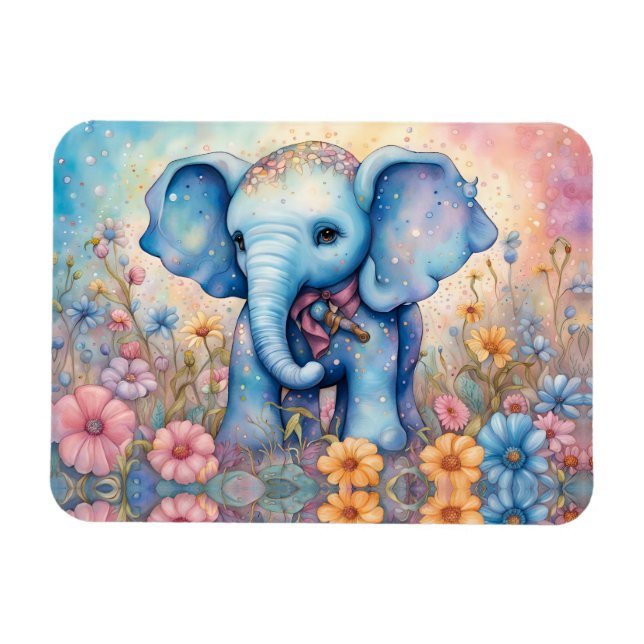 Magnet Flexible Eléphant Bébé mignon dans un jardin pastel Daisy (Horizontal)