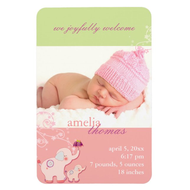 Magnet Flexible Elephant LOVE Baby Girl Photo Faire-part de naissa (Vertical)