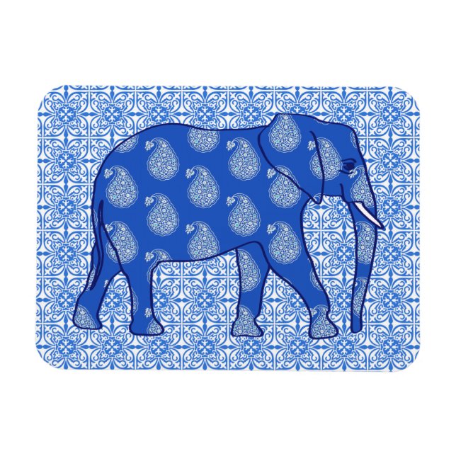 Magnet Flexible Éléphant Paisley - bleu cobalt et blanc (Horizontal)