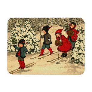 Magnet Flexible Enfants vintage skiant à travers une forêt enneigé