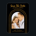 Magnet Flexible Enregistrer La Date Black Gold Style Art Déco Mari<br><div class="desc">Save The Date Black Gold Stylish Script Art Déco Mariage Magnets présente votre photo préférée dans une arche dorée sur un arrière - plan noir. Personnalisez avec votre texte en modifiant le texte dans les zones de texte fournies. Conçu pour vous par ©Evco Studio www.zazzle.com/store/evcostudio</div>