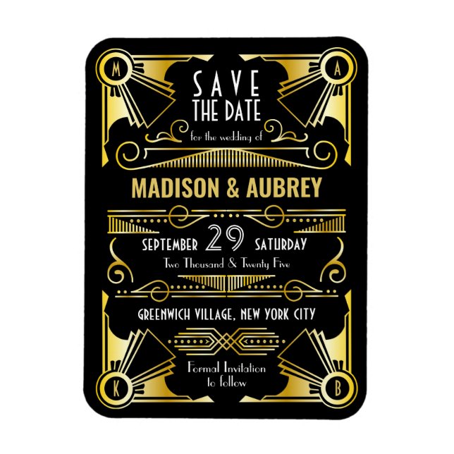 Magnet Flexible Enregistrer la date Gatsby Mariage Art Déco Gold N (Vertical)