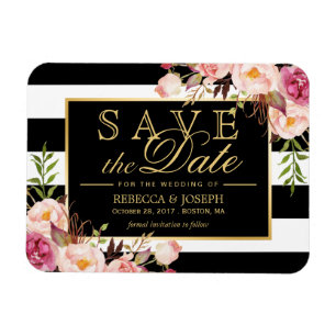 Magnet Flexible Enregistrer la date - Gold Floral Decor B&W Stripe