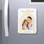 Magnet Flexible Enregistrer La Date White Gold Style Art Déco Mari<br><div class="desc">Save The Date White Gold Script élégant Art déco Mariage Magnets présente votre photo préférée dans un arc doré sur un arrière - plan blanc. Personnalisez avec votre texte en modifiant le texte dans les zones de texte fournies. Conçu pour vous par ©Evco Studio www.zazzle.com/store/evcostudio</div>