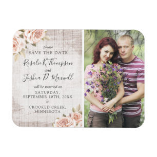 Magnet Flexible Enregistrez la date Bois rustique & Roses romantiq