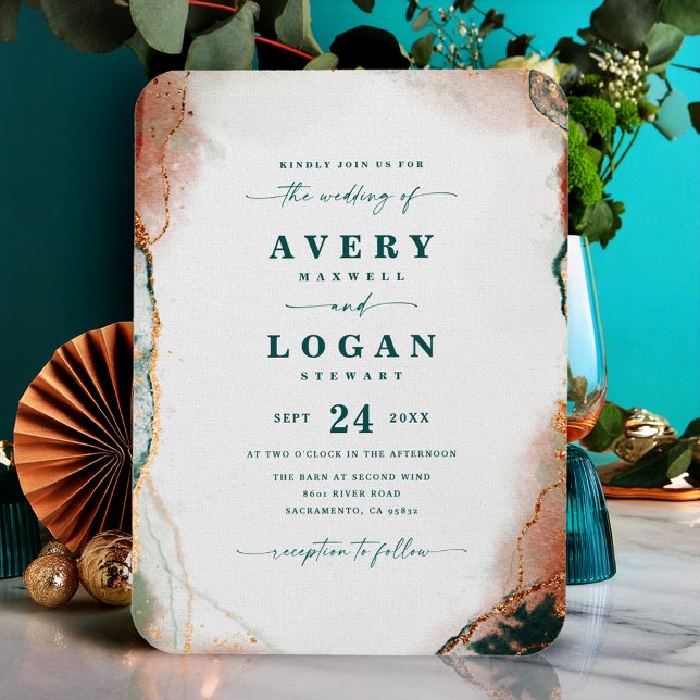 Magnet Flexible Ethereal Dark Teal & Copper Wedding Invite (Teal and Copper Abstract Wedding Invitation Magnetic Card)